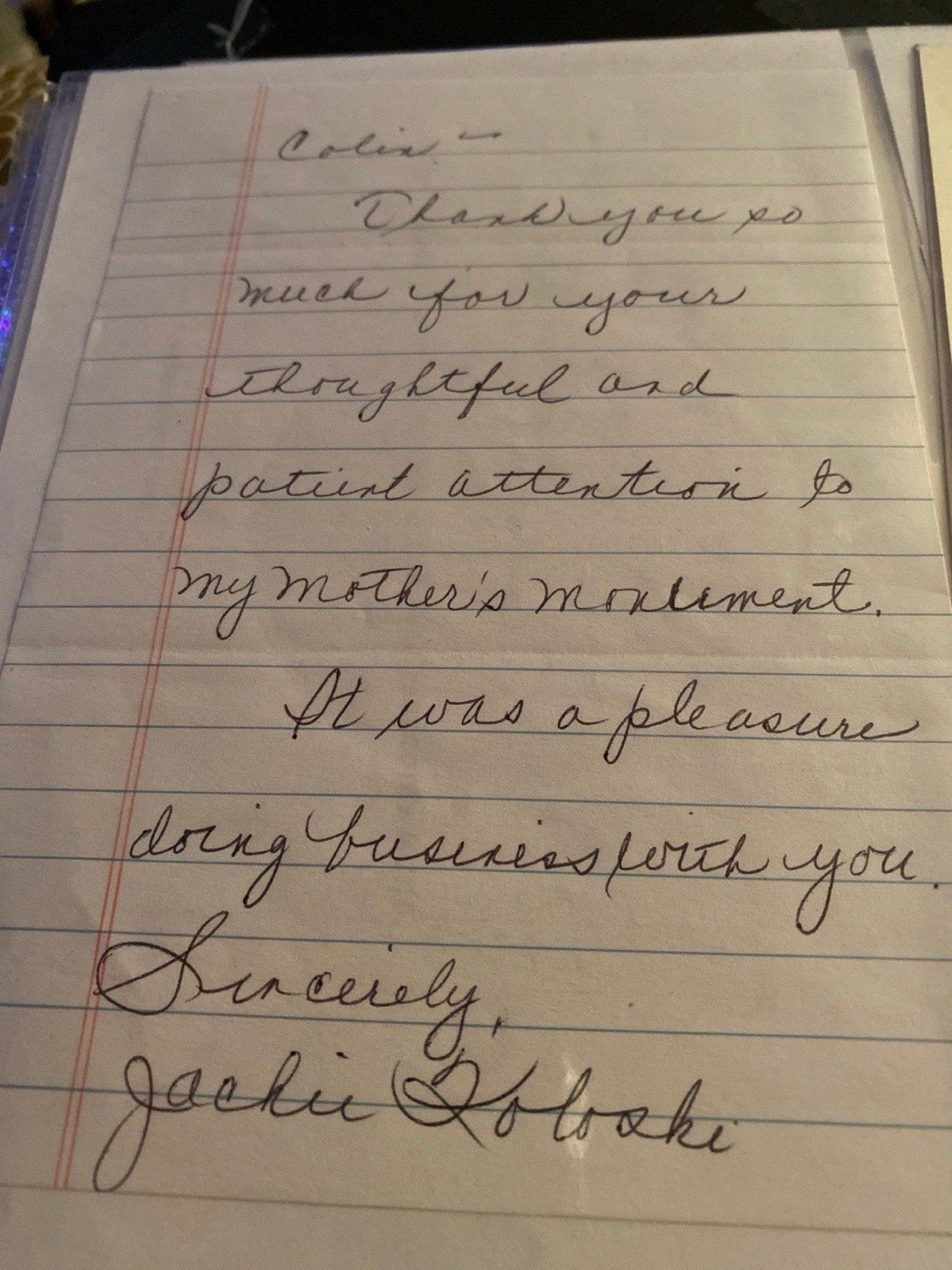 A handwritten note on lined paper addressed to Colin, thanking him for his attention to a mother's monument
