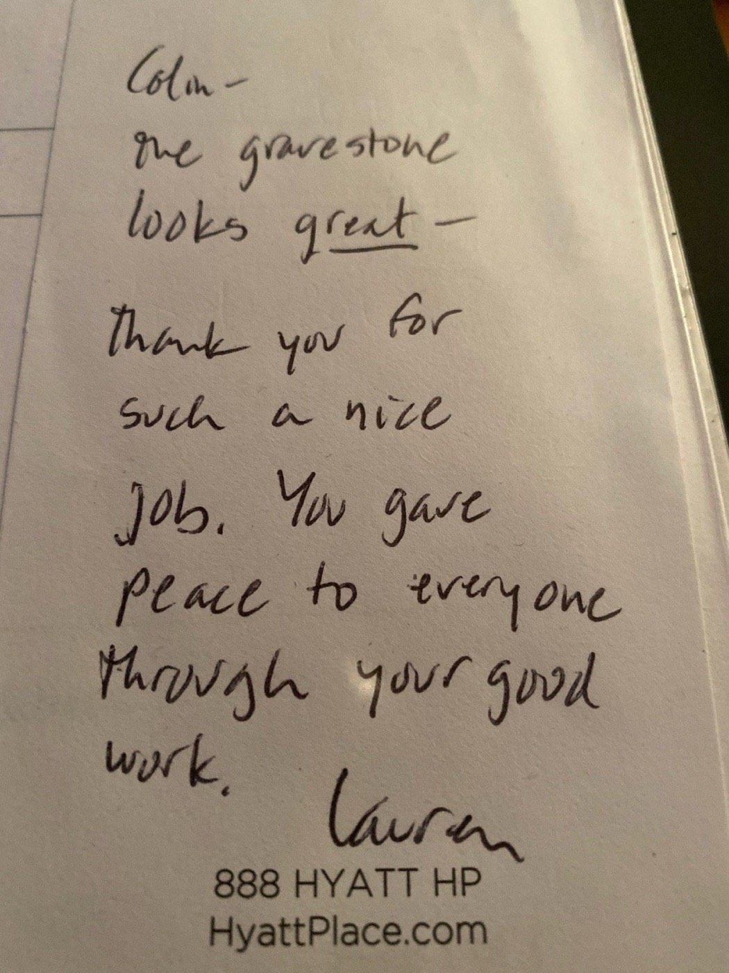 A handwritten note addressed to Colin saying the gravestone looks great